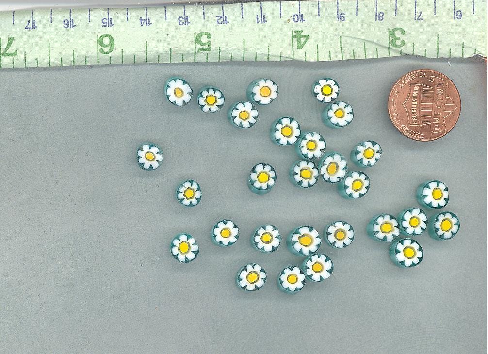 White Daisy in Teal Millefiori - 25 grams - Unique Mosaic Glass Tiles - Floral Pattern