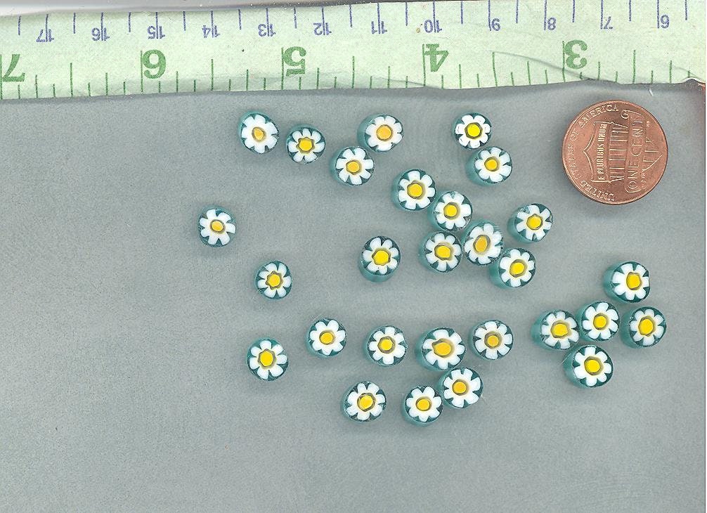 White Daisy in Teal Millefiori - 25 grams - Unique Mosaic Glass Tiles - Floral Pattern
