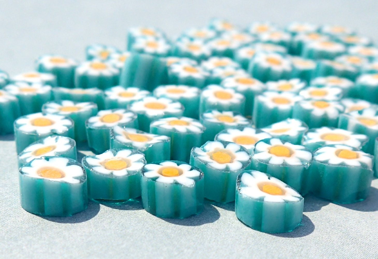 White Daisy in Teal Millefiori - 25 grams - Unique Mosaic Glass Tiles - Floral Pattern