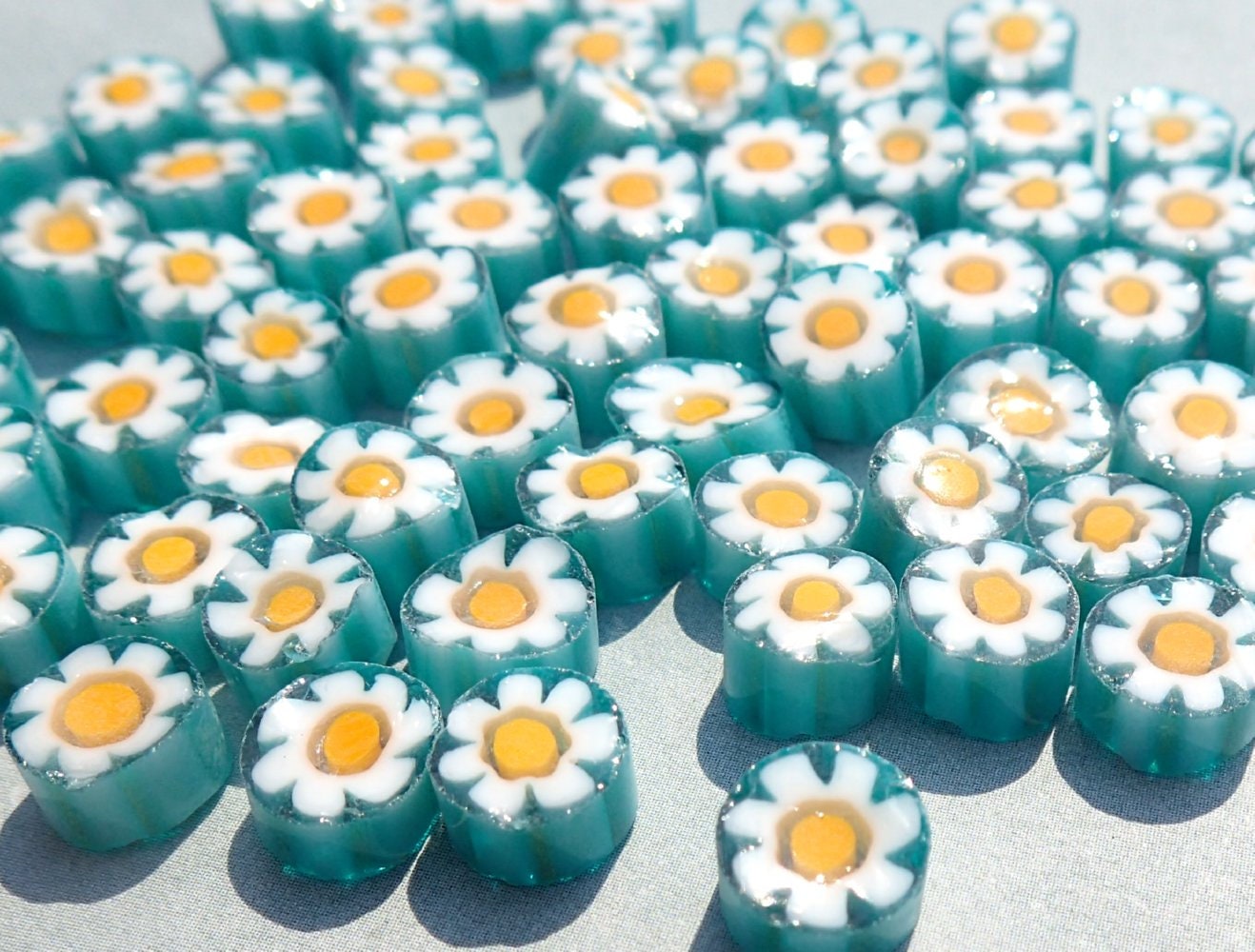 White Daisy in Teal Millefiori - 25 grams - Unique Mosaic Glass Tiles - Floral Pattern