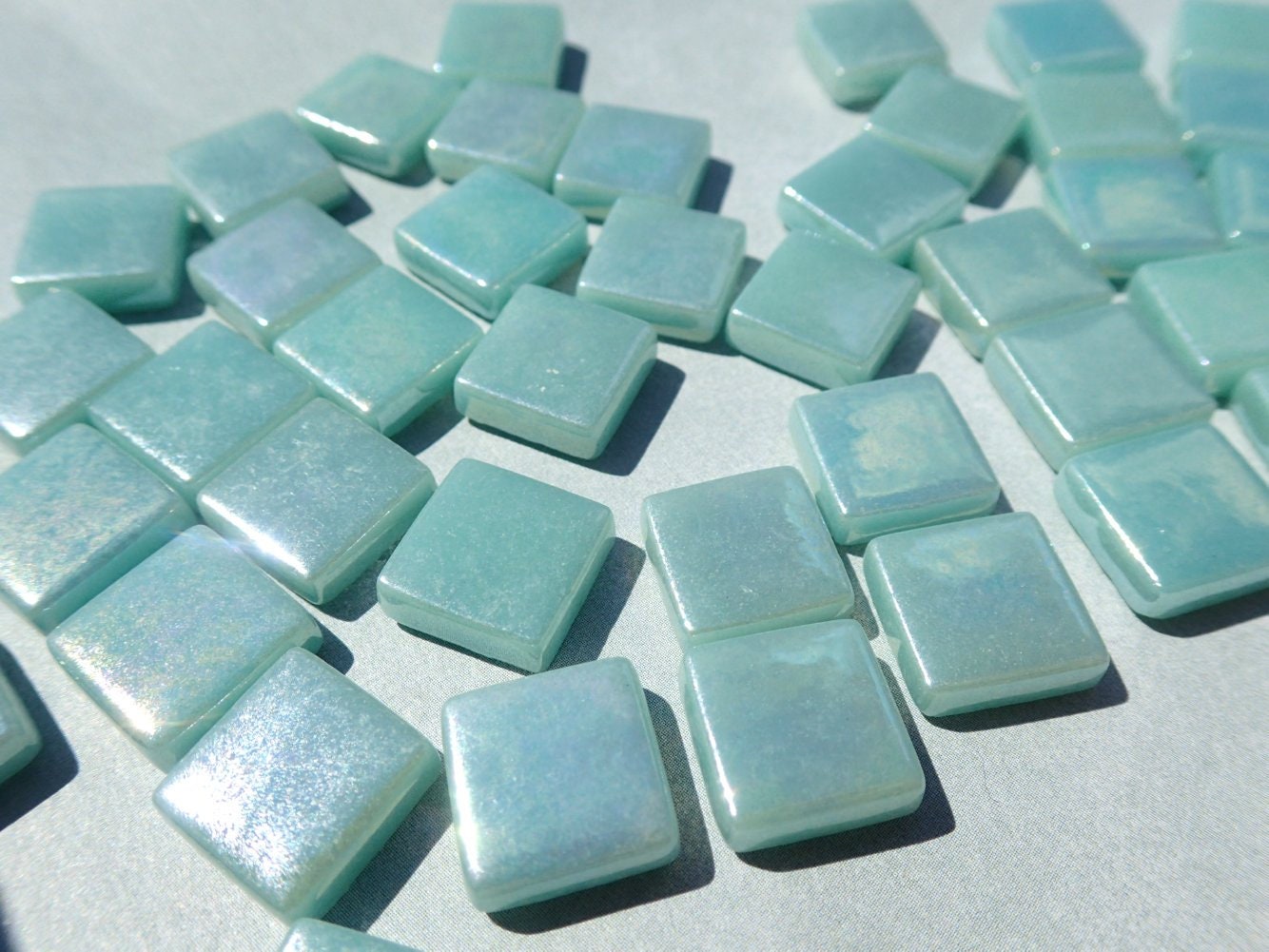 Light Teal Iridescent Glass Square Mosaic Tiles - 12mm - Opaque Glass Solid Color - 50g - Approx 35 Tiles