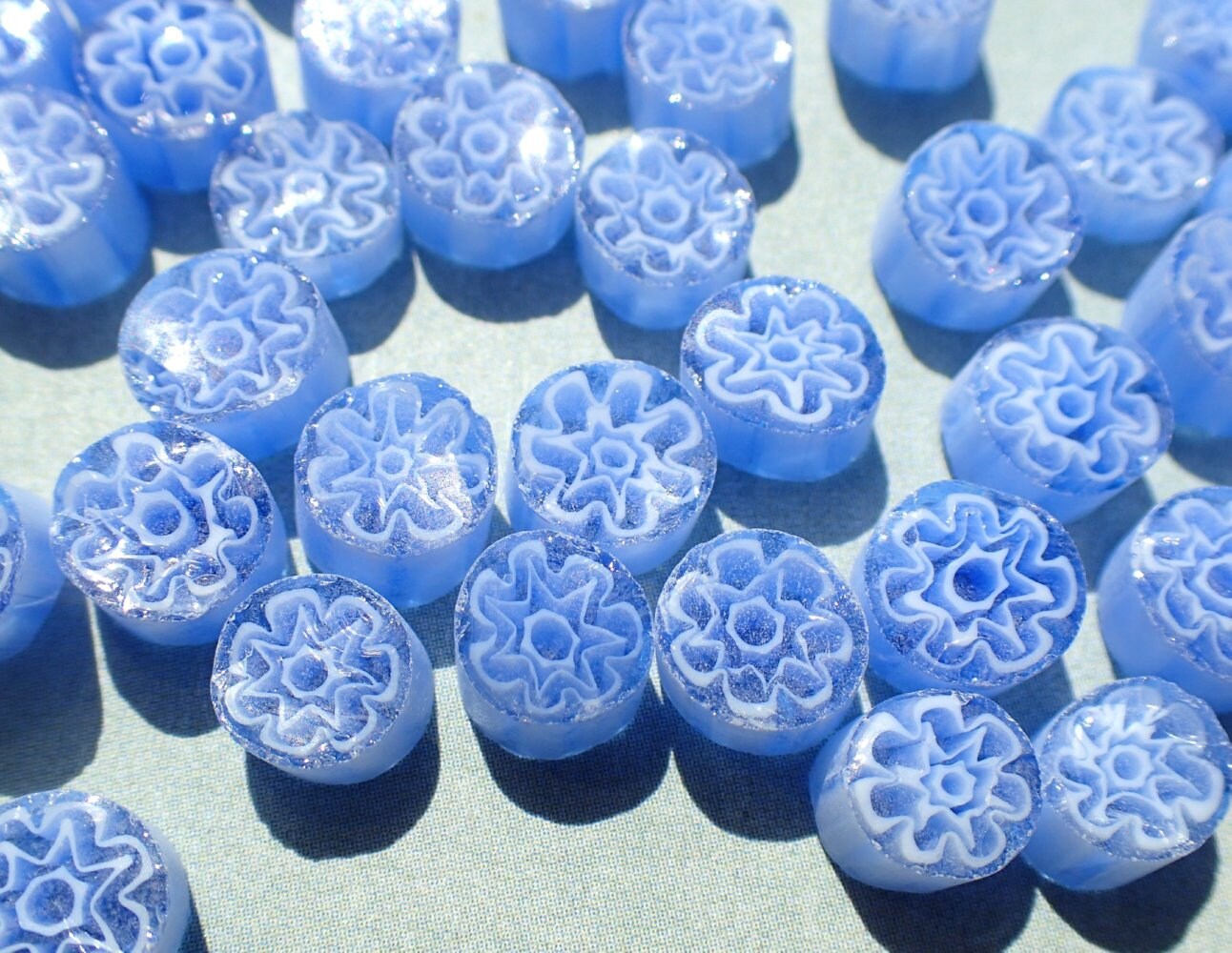 White Flowers in Blue Periwinkle Millefiori - 25 grams - Glass Tiles - Floral Pattern