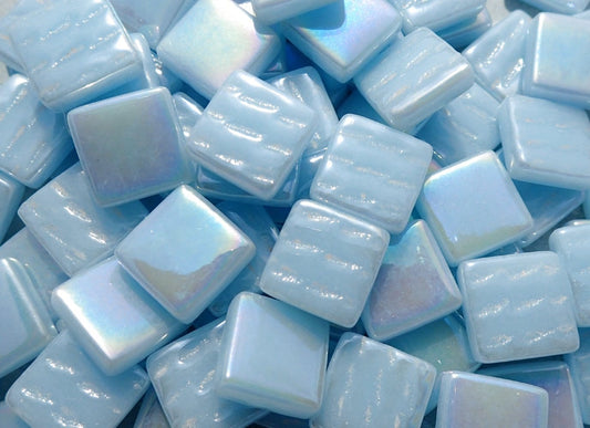 Aqua Blue Iridescent Glass Square Mosaic Tiles - 12mm - Opaque Glass Solid Color - 50g of Squares - Approx 35 Tiles