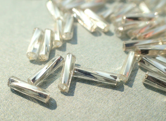Silver Twisted Bugle Beads - 2x6mm - 20g Glass Spacer Beads - Approximately 480 beads