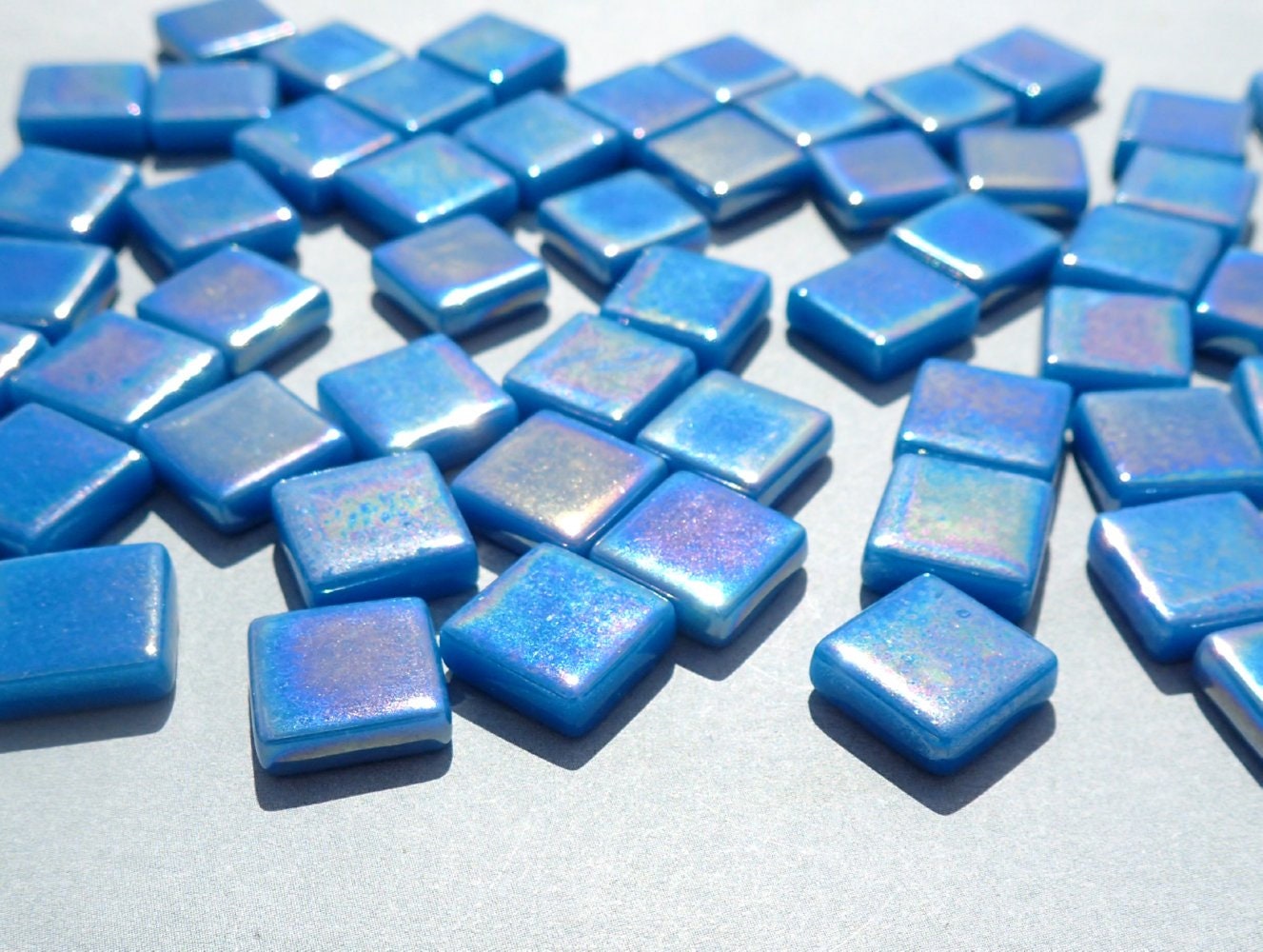 Dark Lake Blue Iridescent Glass Square Mosaic Tiles - 12mm - 50g - Approx 35 Tiles