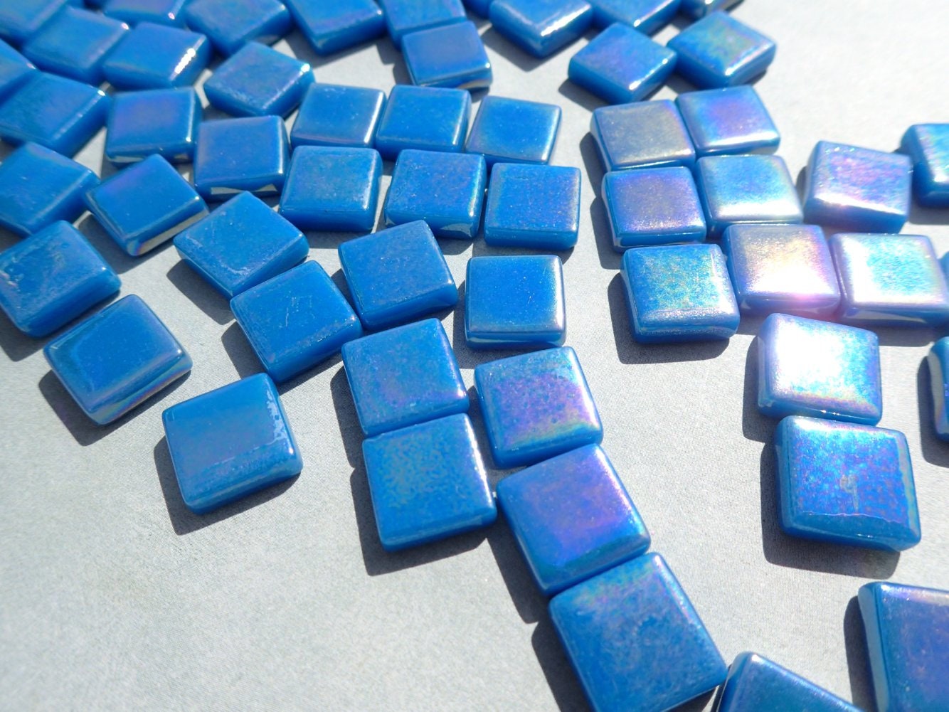 Dark Lake Blue Iridescent Glass Square Mosaic Tiles - 12mm - 50g - Approx 35 Tiles