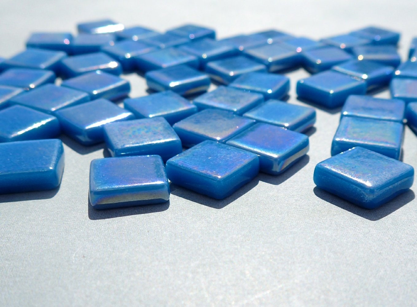 Dark Lake Blue Iridescent Glass Square Mosaic Tiles - 12mm - 50g - Approx 35 Tiles