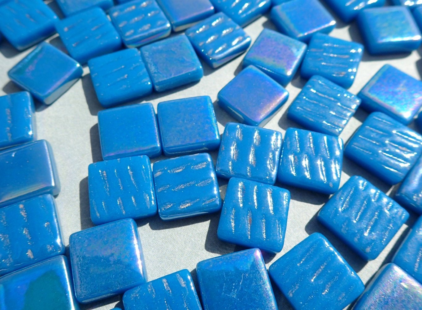 Dark Lake Blue Iridescent Glass Square Mosaic Tiles - 12mm - 50g - Approx 35 Tiles