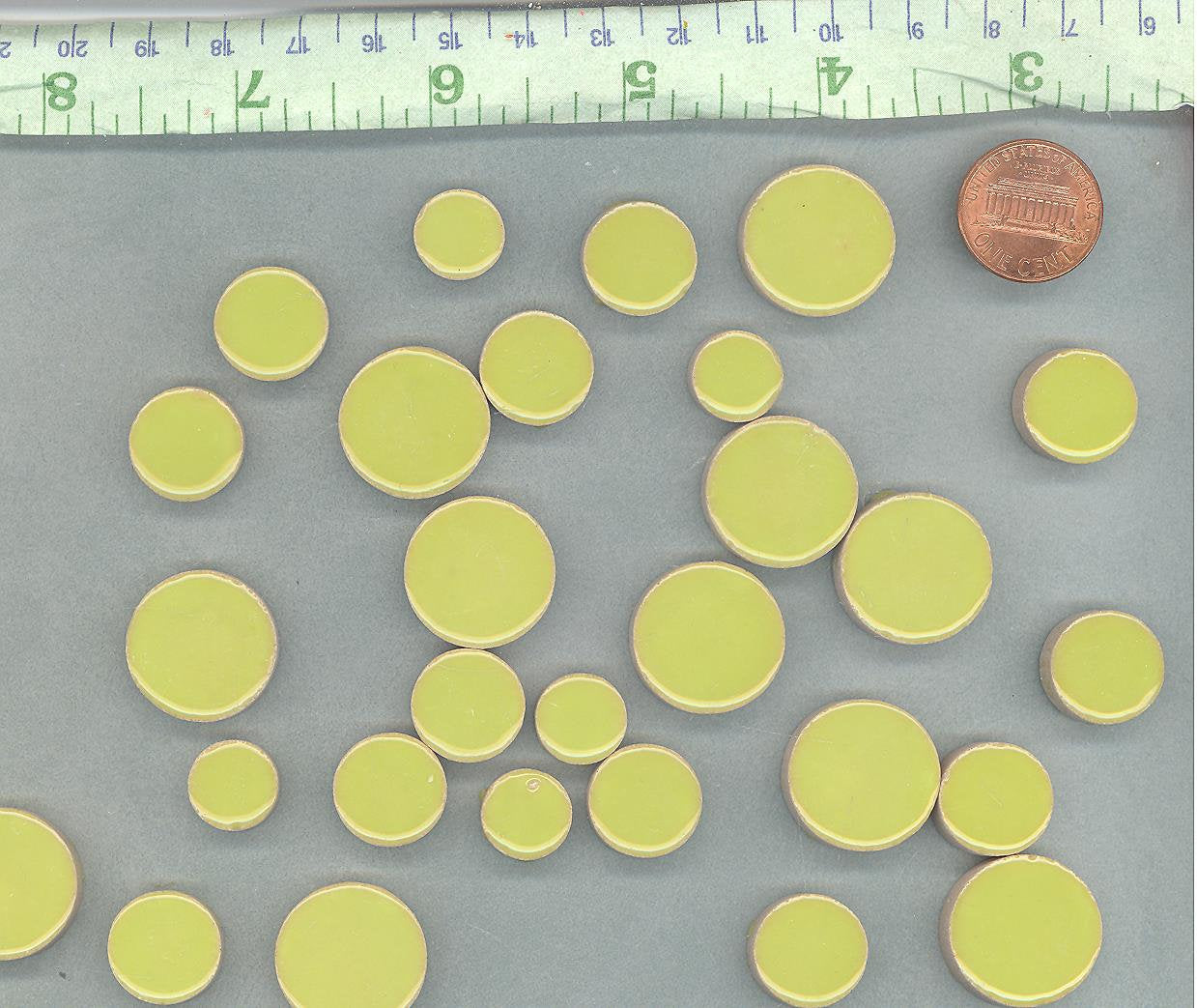 Kiwi Green Circles Mosaic Tiles - 50g Ceramic in Mix of 3 Sizes 1/2" and 3/4" and 5/8"