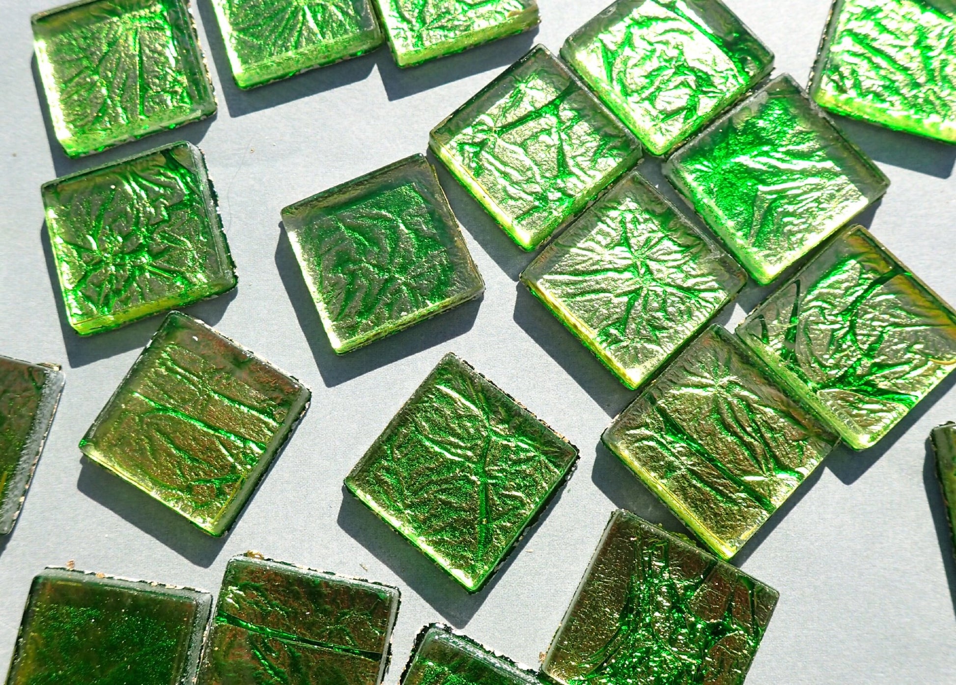 Green Foil Square Tiles - 25 Glass Mosaic Tiles - 20mm
