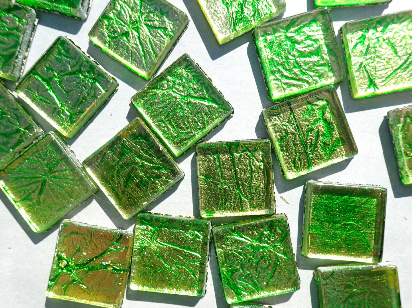 Green Foil Square Tiles - 25 Glass Mosaic Tiles - 20mm