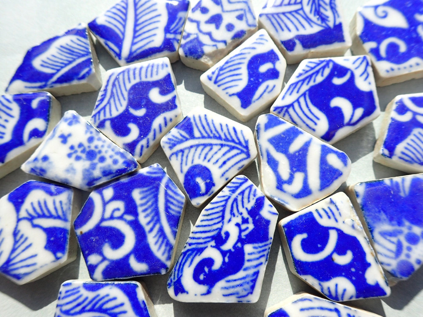 Blue and White Chunky Floral Mosaic Tiles - Half Pound