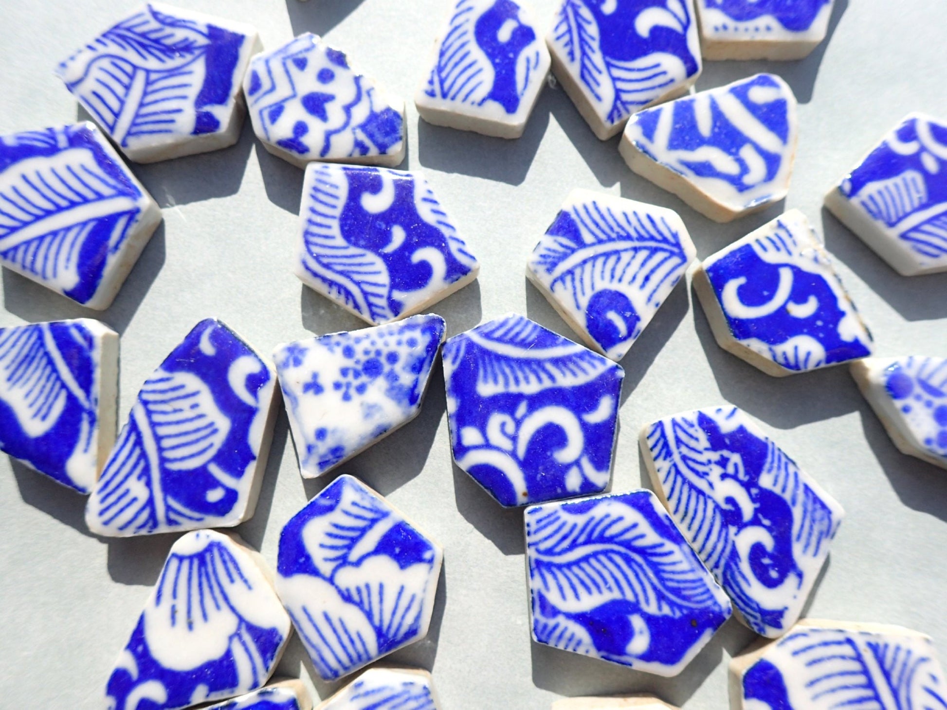 Blue and White Chunky Floral Mosaic Tiles - Half Pound