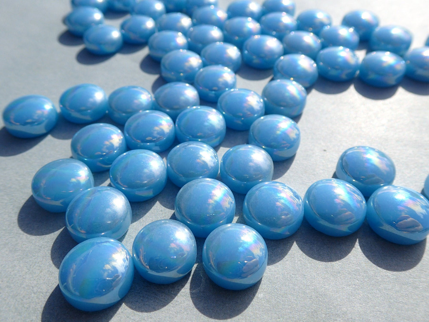 Deep Powder Blue Iridescent Glass Drops Mosaic Tiles - 100 grams 12mm Glass Gems - Over 60 Tiles