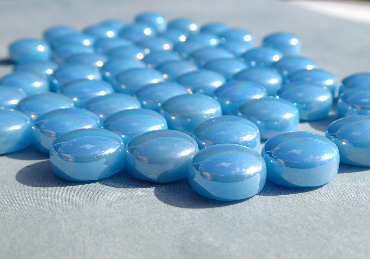 Deep Powder Blue Iridescent Glass Drops Mosaic Tiles - 100 grams 12mm Glass Gems - Over 60 Tiles
