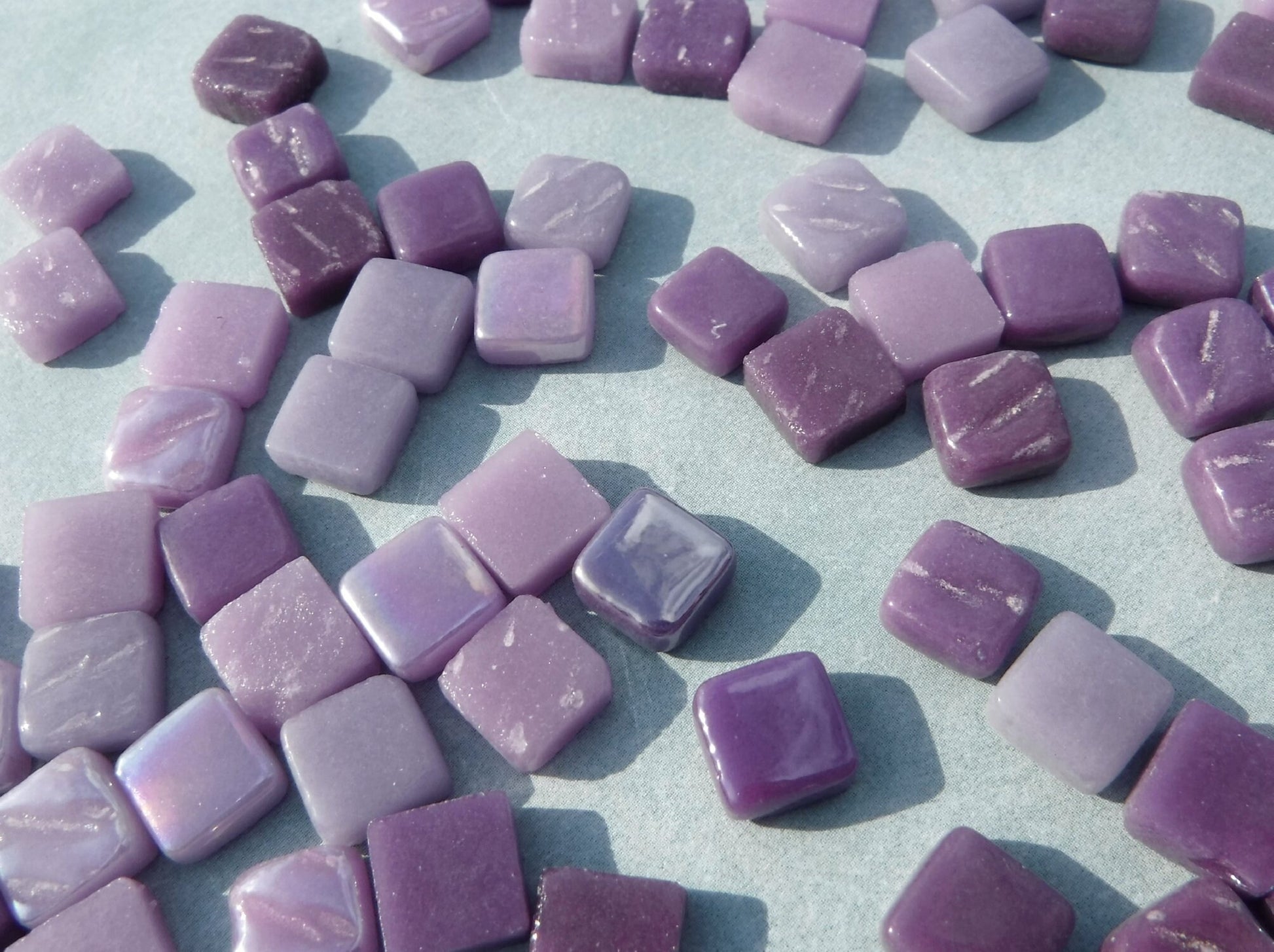 Plenty of Purple Mix Mini Glass Tiles - 8mm Square - 50 grams Opaque Glass Solid Color Mix of Violet Iridescent and Matte Tiles