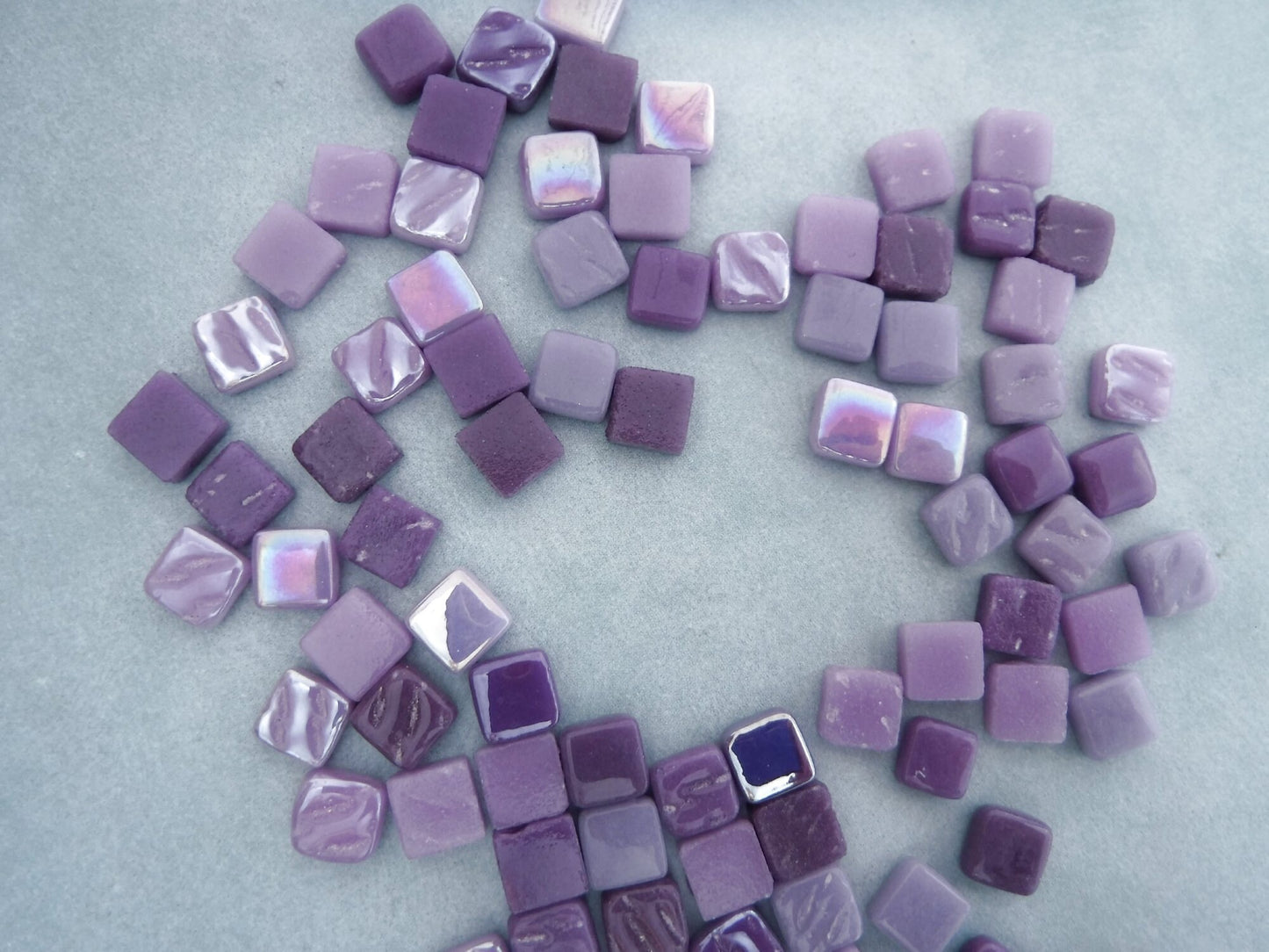 Plenty of Purple Mix Mini Glass Tiles - 8mm Square - 50 grams Opaque Glass Solid Color Mix of Violet Iridescent and Matte Tiles