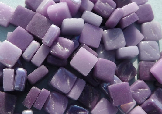 Plenty of Purple Mix Mini Glass Tiles - 8mm Square - 50 grams Opaque Glass Solid Color Mix of Violet Iridescent and Matte Tiles