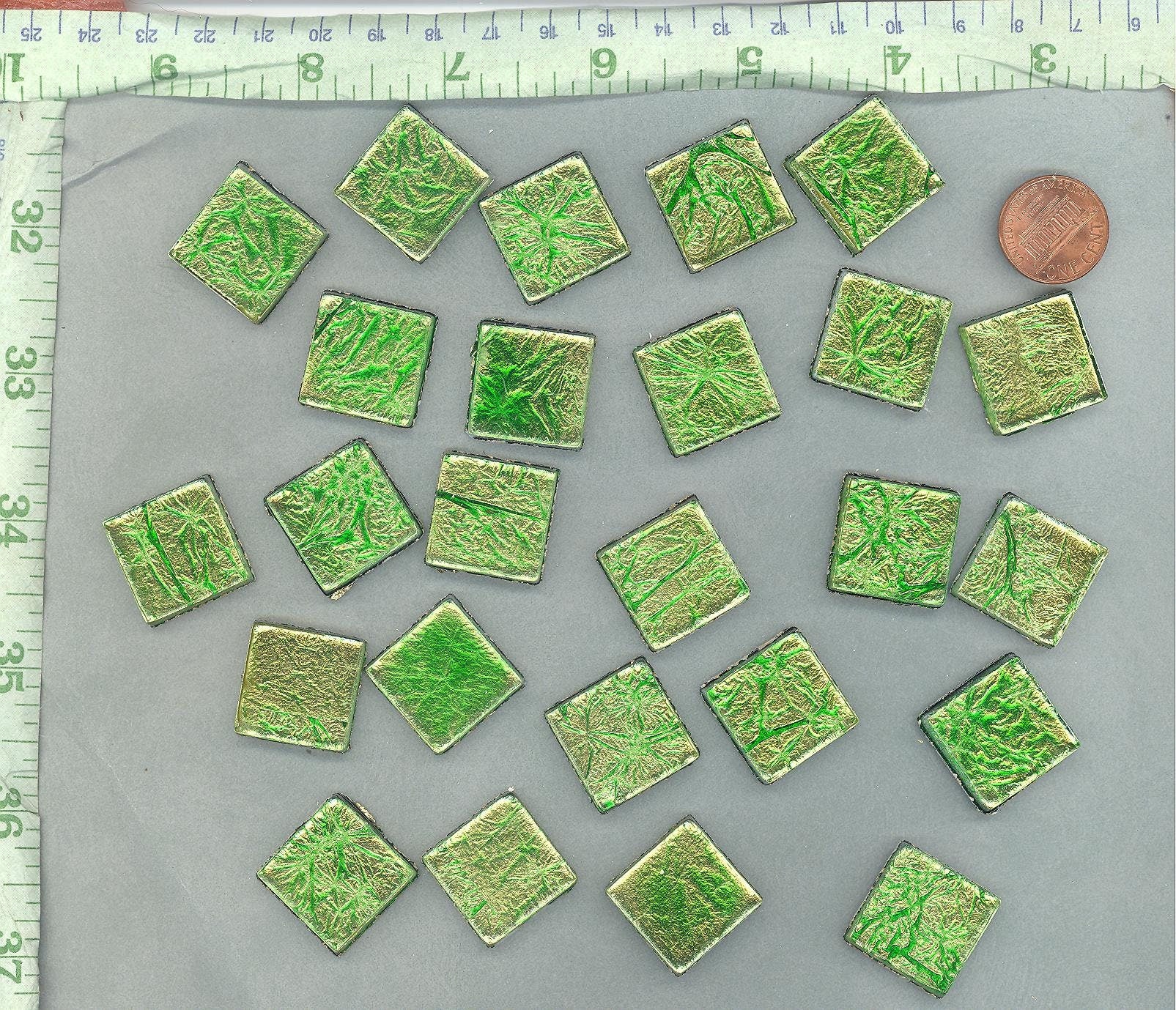 Green Foil Square Tiles - 25 Glass Mosaic Tiles - 20mm