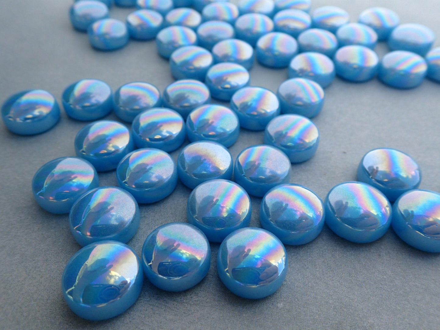 Deep Powder Blue Iridescent Glass Drops Mosaic Tiles - 100 grams 12mm Glass Gems - Over 60 Tiles
