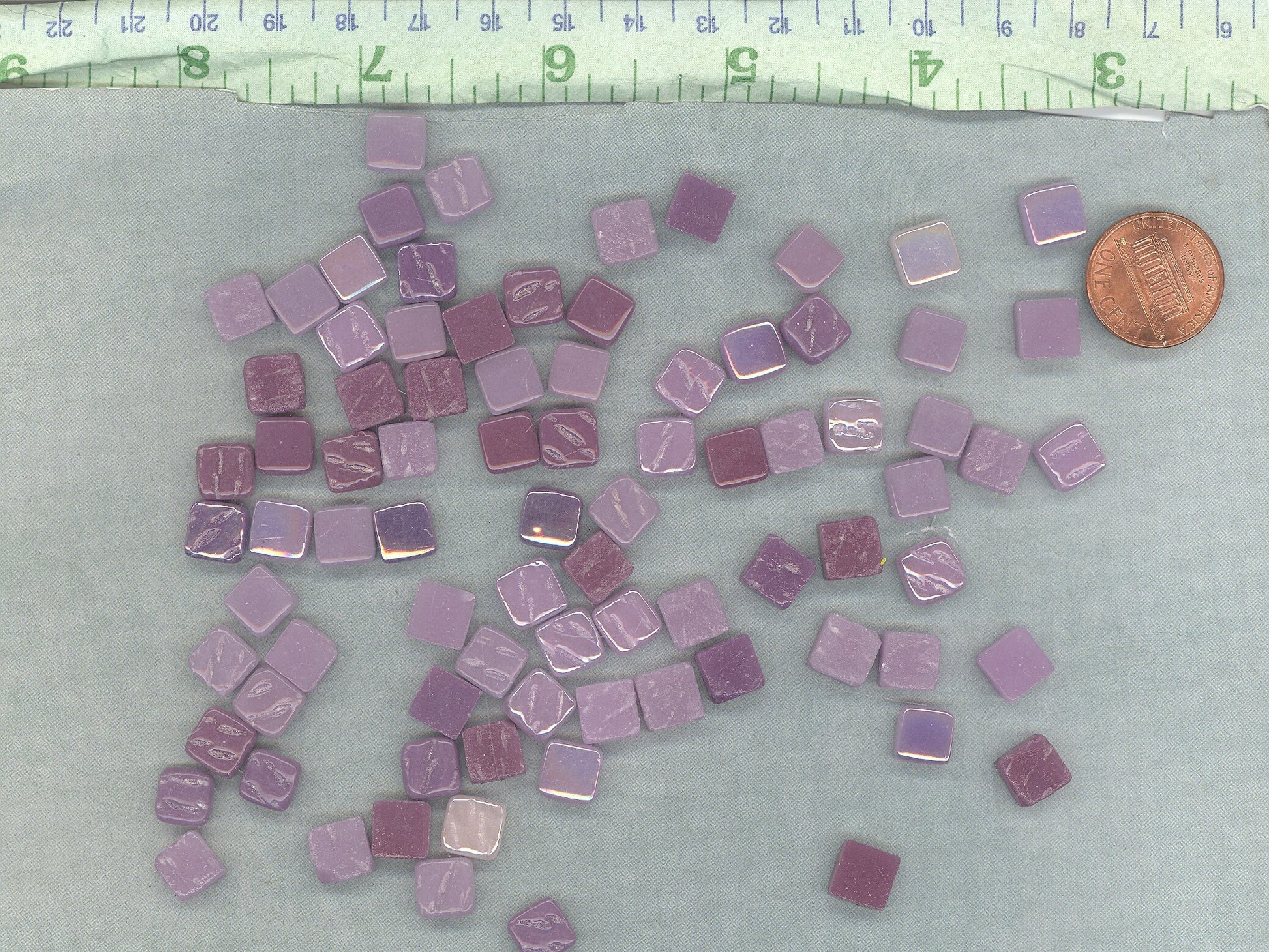 Plenty of Purple Mix Mini Glass Tiles - 8mm Square - 50 grams Opaque Glass Solid Color Mix of Violet Iridescent and Matte Tiles