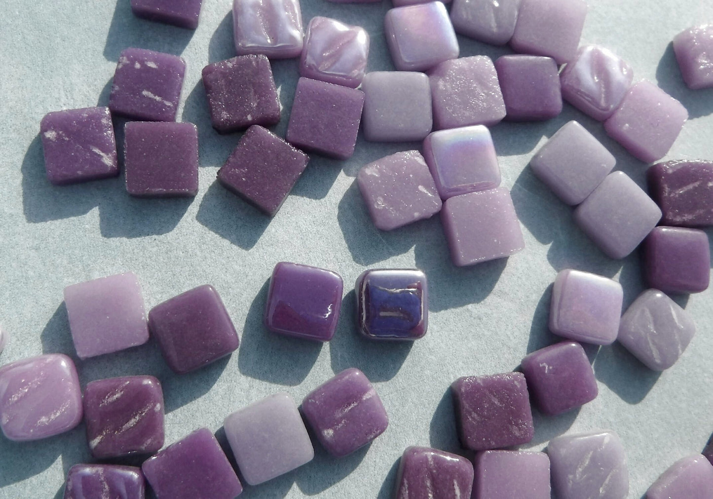 Plenty of Purple Mix Mini Glass Tiles - 8mm Square - 50 grams Opaque Glass Solid Color Mix of Violet Iridescent and Matte Tiles