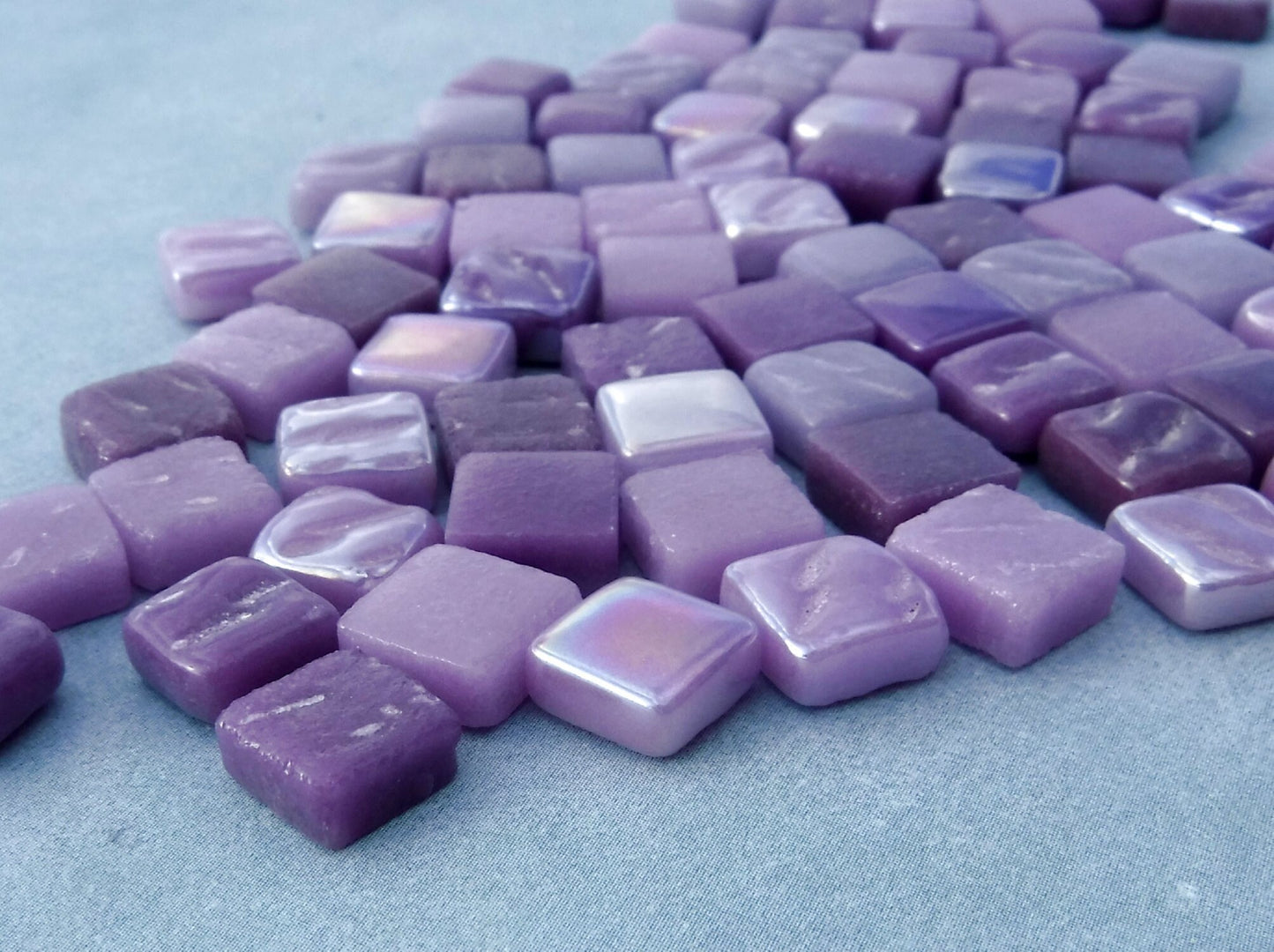 Plenty of Purple Mix Mini Glass Tiles - 8mm Square - 50 grams Opaque Glass Solid Color Mix of Violet Iridescent and Matte Tiles