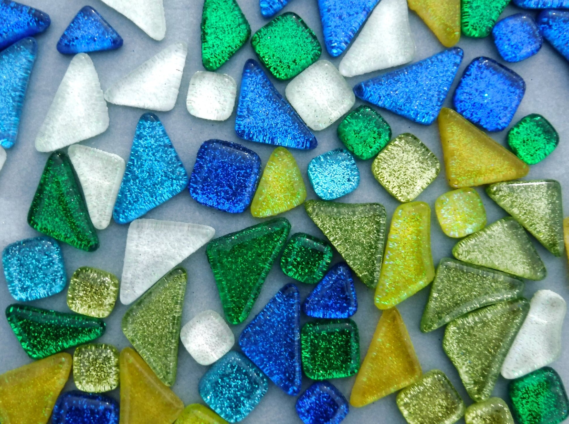 Rain Flower Glitter Puzzle Tiles - Assorted Shapes and Colors - 100 grams Mosaic Tiles Glass in Blues Greens Yellows and White