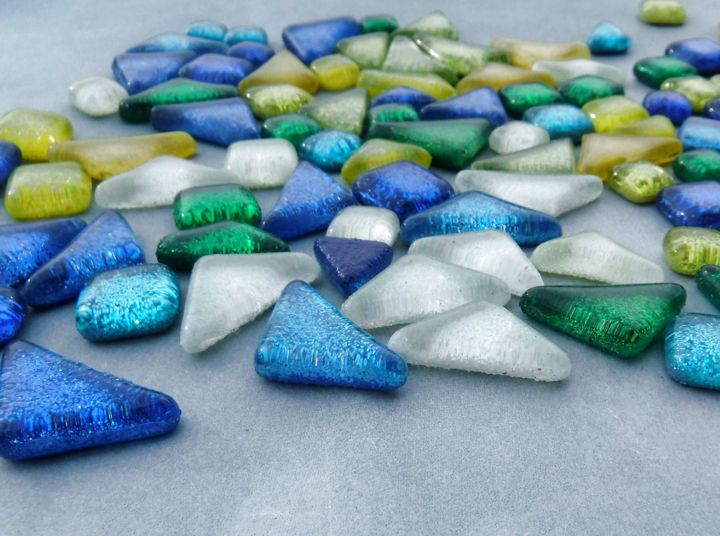 Rain Flower Glitter Puzzle Tiles - Assorted Shapes and Colors - 100 grams Mosaic Tiles Glass in Blues Greens Yellows and White