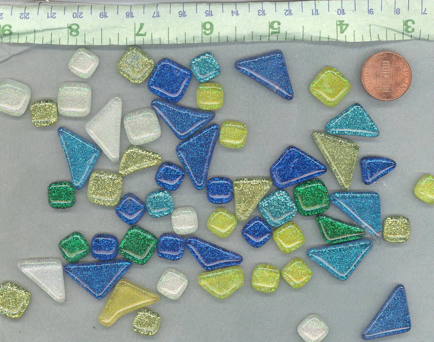 Rain Flower Glitter Puzzle Tiles - Assorted Shapes and Colors - 100 grams Mosaic Tiles Glass in Blues Greens Yellows and White