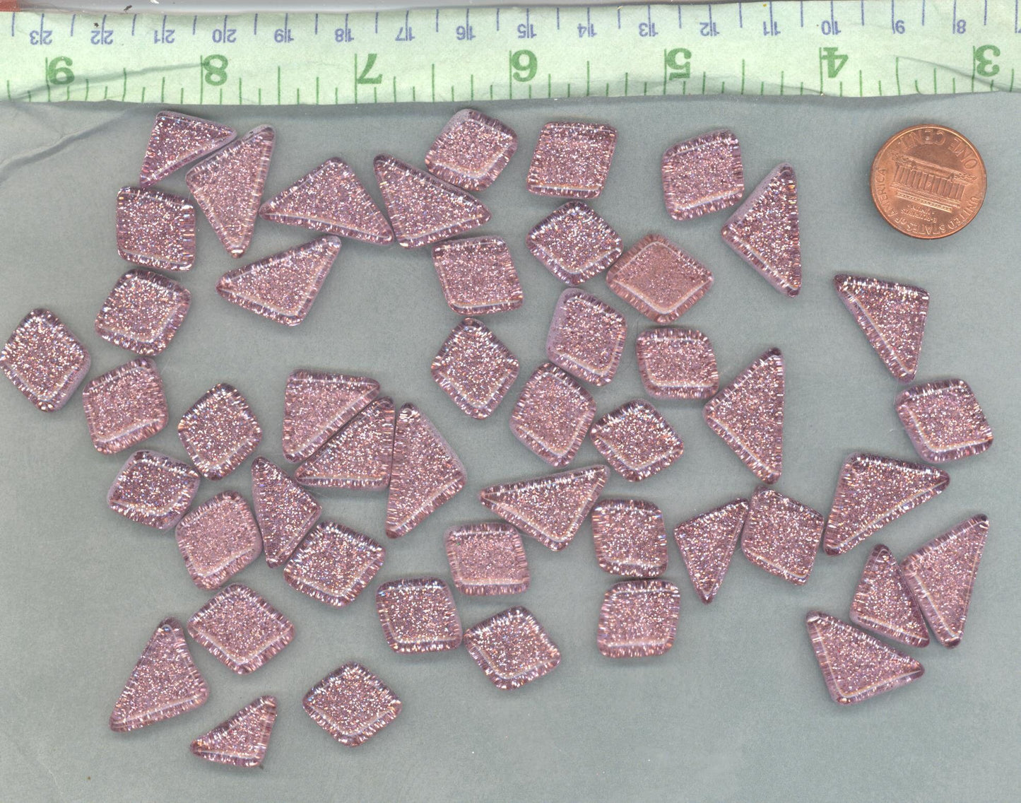 Pink Glitter Puzzle Tiles - 100 grams in Assorted Shapes - Mauve Glass Mosaic Tiles