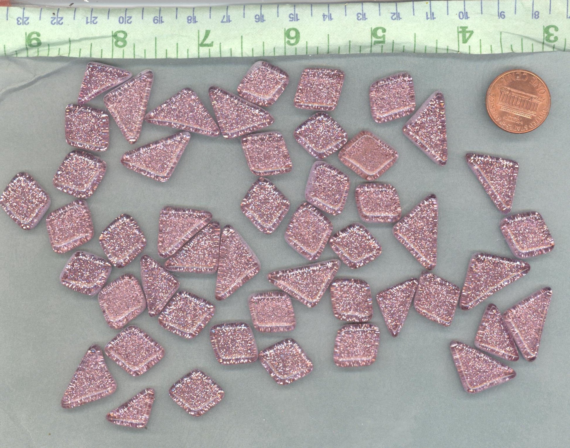 Pink Glitter Puzzle Tiles - 100 grams in Assorted Shapes - Mauve Glass Mosaic Tiles