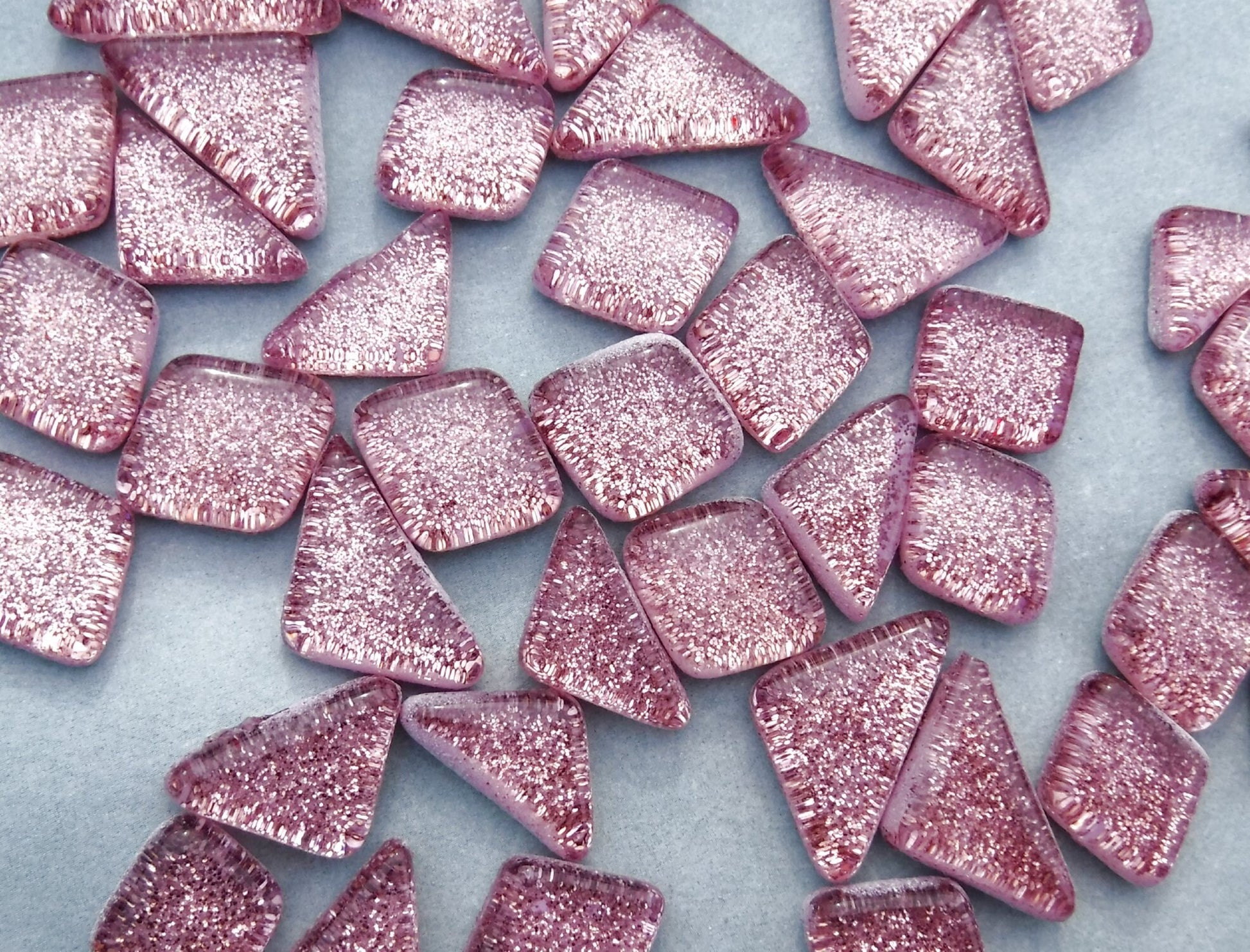 Pink Glitter Puzzle Tiles - 100 grams in Assorted Shapes - Mauve Glass Mosaic Tiles
