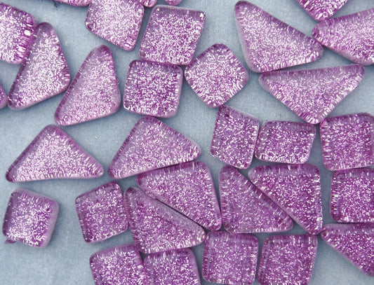Purple Glitter Puzzle Tiles - 100 grams in Assorted Shapes - Lavender Glass Mosaic Tiles