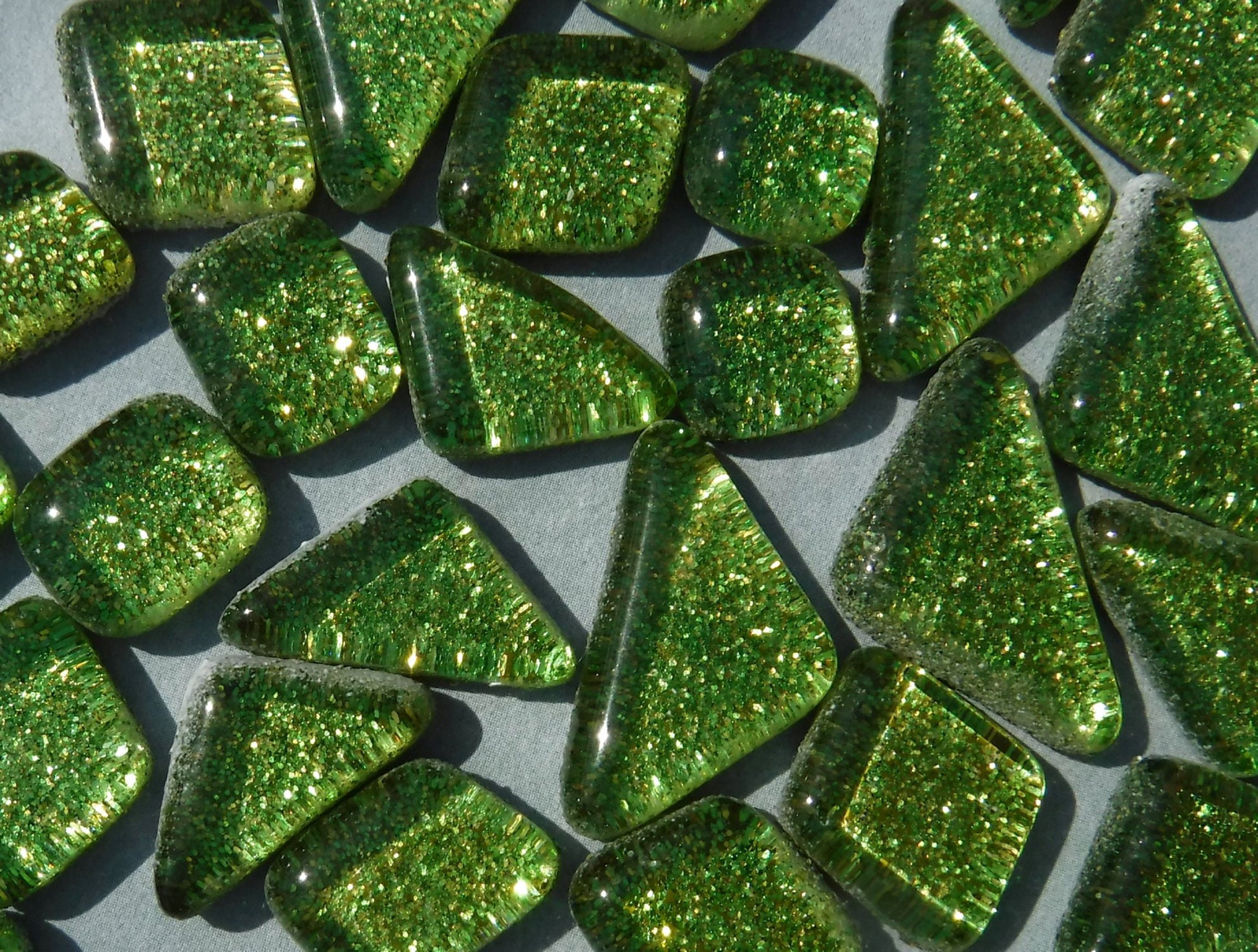 Shamrock Green Glitter Puzzle Tiles - 100 grams in Assorted Shapes Glass Mosaic Tiles