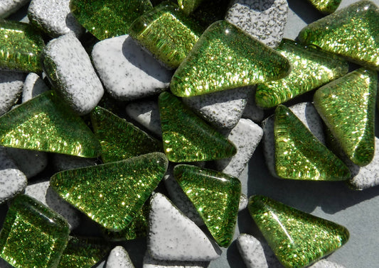 Shamrock Green Glitter Puzzle Tiles - 100 grams in Assorted Shapes Glass Mosaic Tiles