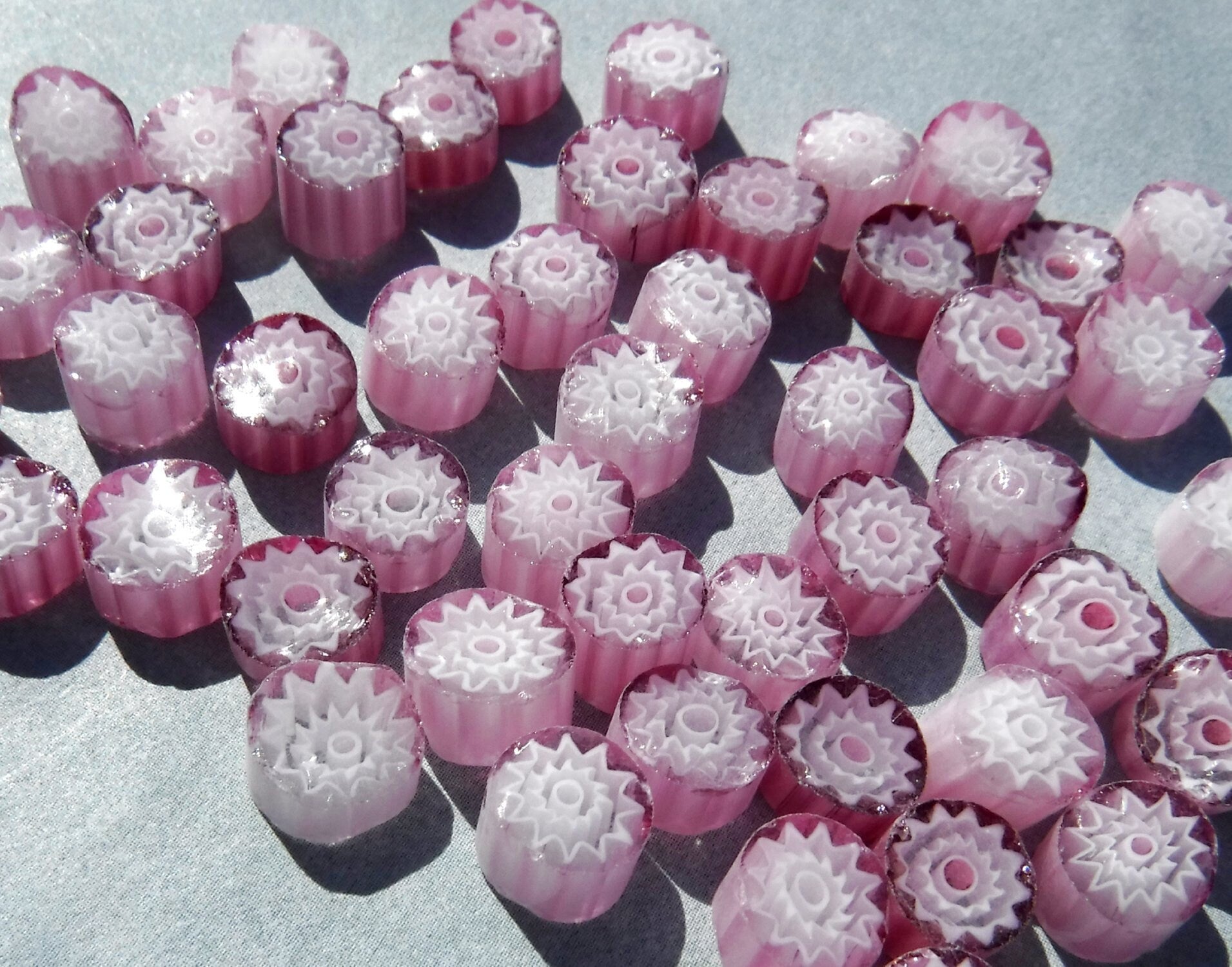 White Flowers in Pink Millefiori - 25 grams - Unique Mosaic Glass Tiles - Floral Pattern