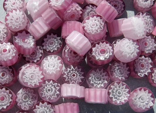 White Flowers in Pink Millefiori - 25 grams - Unique Mosaic Glass Tiles - Floral Pattern