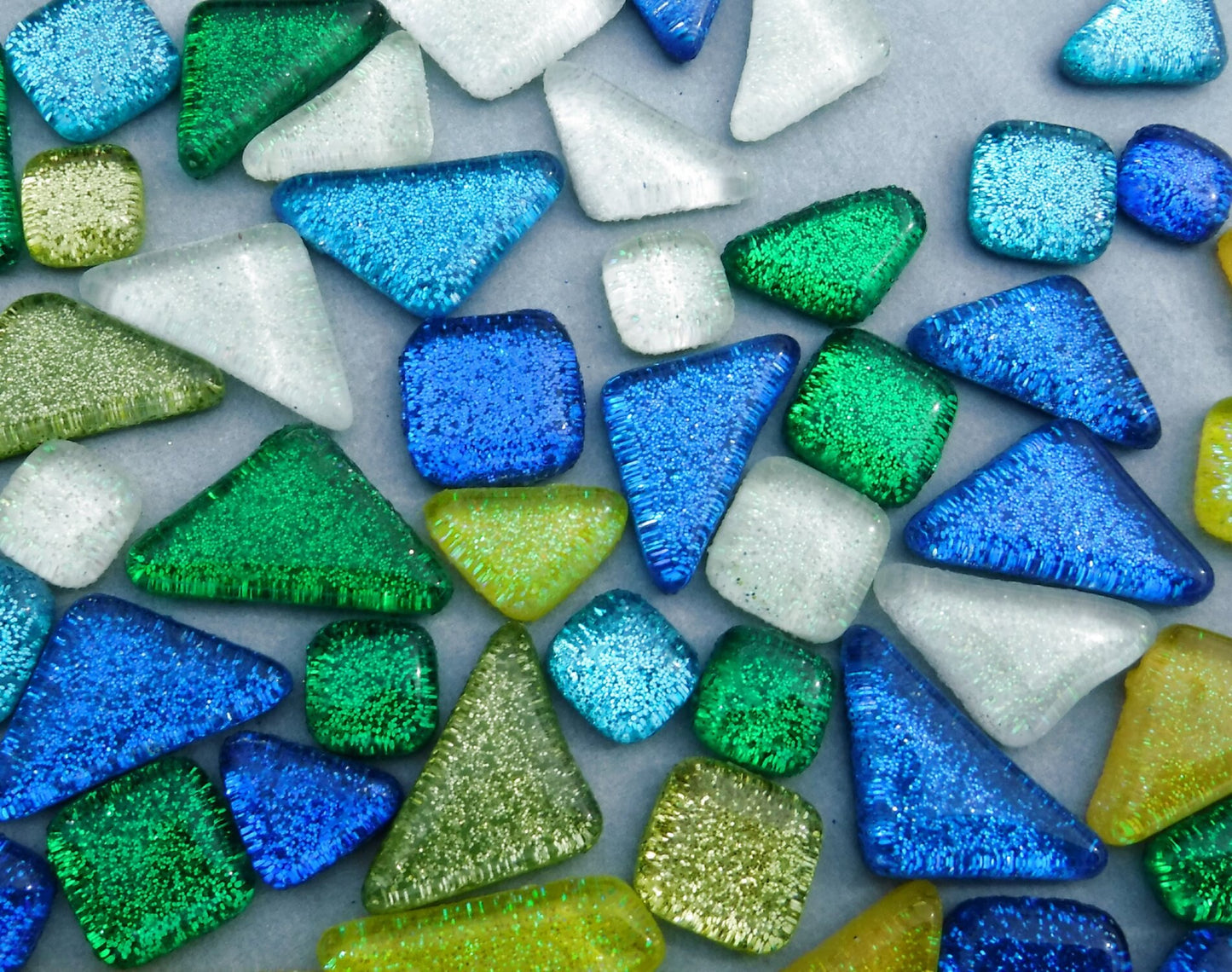 Rain Flower Glitter Puzzle Tiles - Assorted Shapes and Colors - 100 grams Mosaic Tiles Glass in Blues Greens Yellows and White