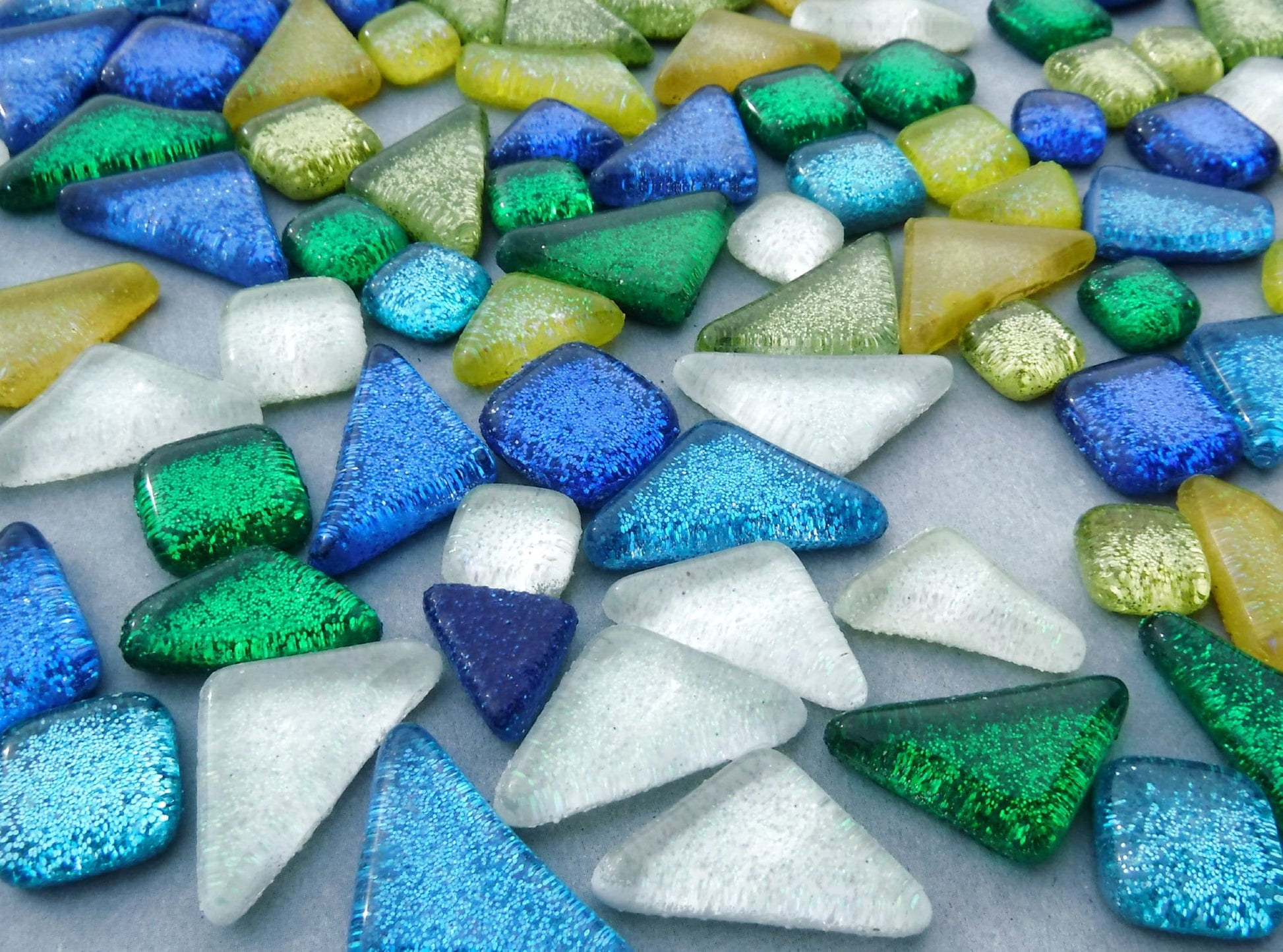 Rain Flower Glitter Puzzle Tiles - Assorted Shapes and Colors - 100 grams Mosaic Tiles Glass in Blues Greens Yellows and White