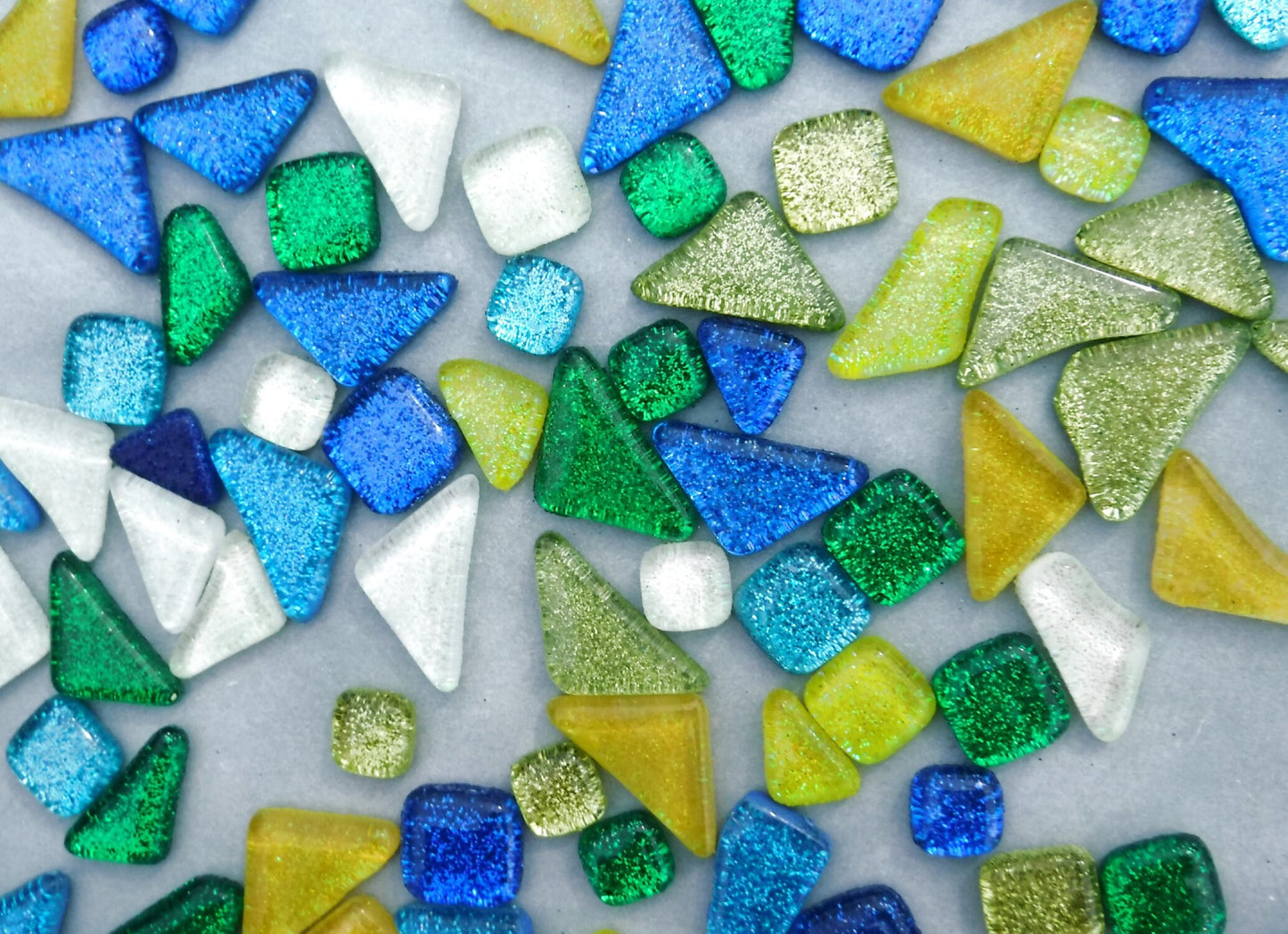 Rain Flower Glitter Puzzle Tiles - Assorted Shapes and Colors - 100 grams Mosaic Tiles Glass in Blues Greens Yellows and White