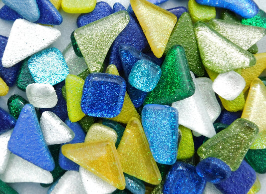 Rain Flower Glitter Puzzle Tiles - Assorted Shapes and Colors - 100 grams Mosaic Tiles Glass in Blues Greens Yellows and White