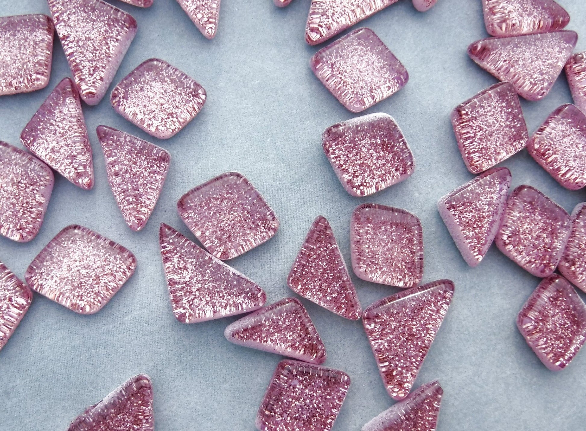 Pink Glitter Puzzle Tiles - 100 grams in Assorted Shapes - Mauve Glass Mosaic Tiles