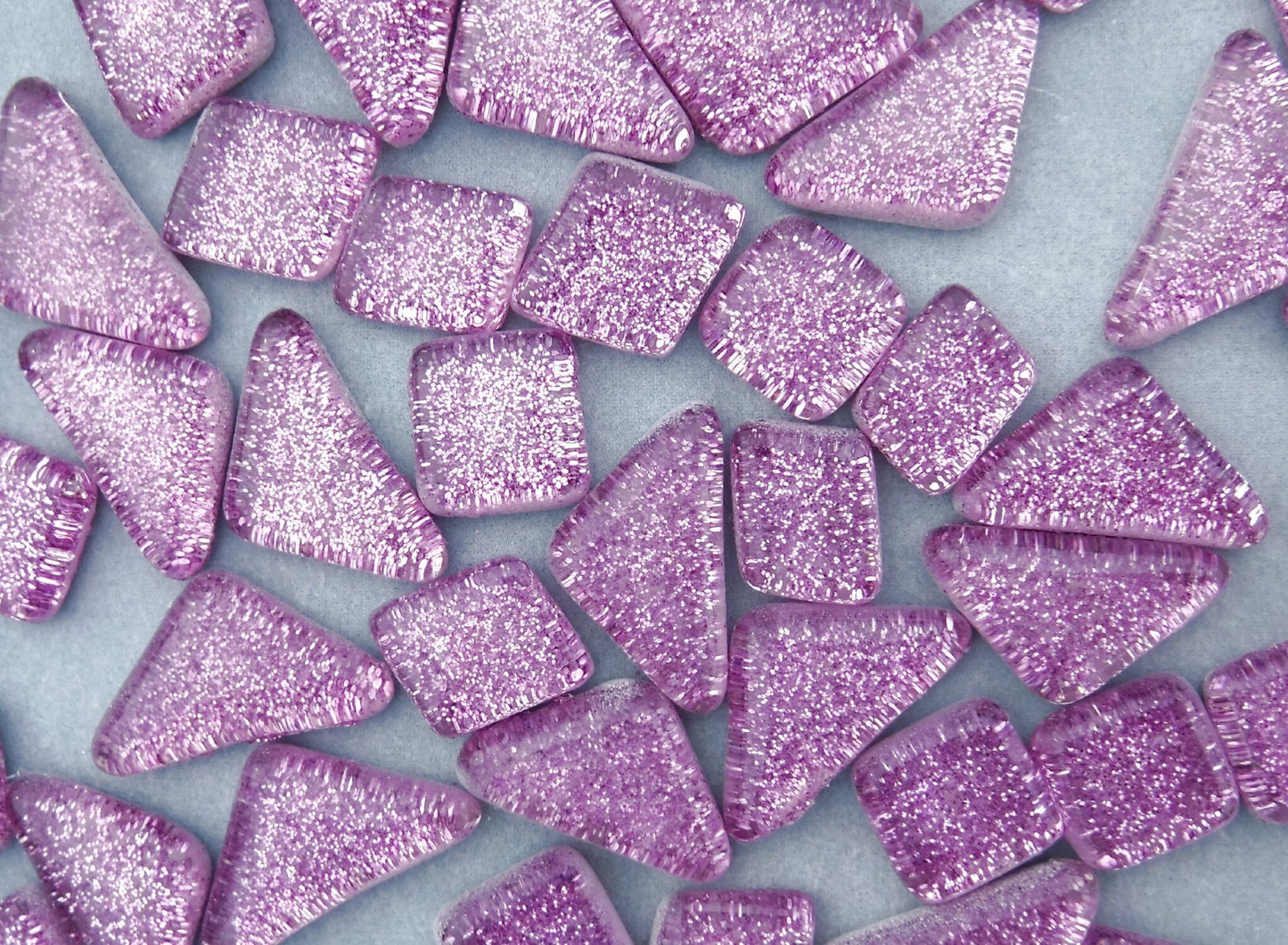 Purple Glitter Puzzle Tiles - 100 grams in Assorted Shapes - Lavender Glass Mosaic Tiles
