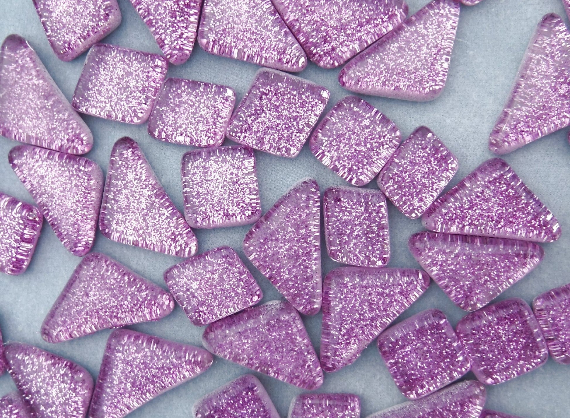 Purple Glitter Puzzle Tiles - 100 grams in Assorted Shapes - Lavender Glass Mosaic Tiles