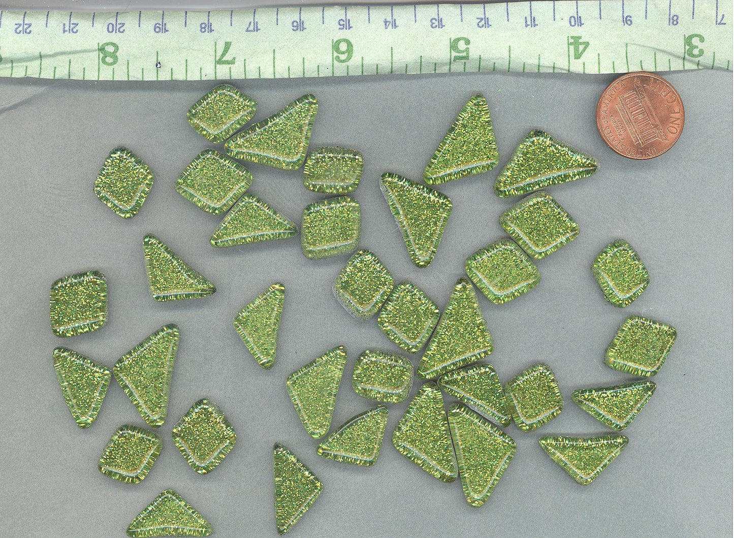 Shamrock Green Glitter Puzzle Tiles - 100 grams in Assorted Shapes Glass Mosaic Tiles