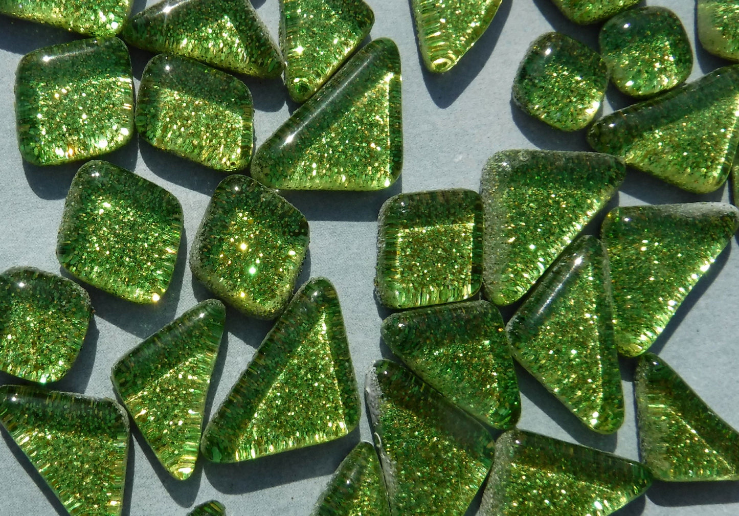 Shamrock Green Glitter Puzzle Tiles - 100 grams in Assorted Shapes Glass Mosaic Tiles