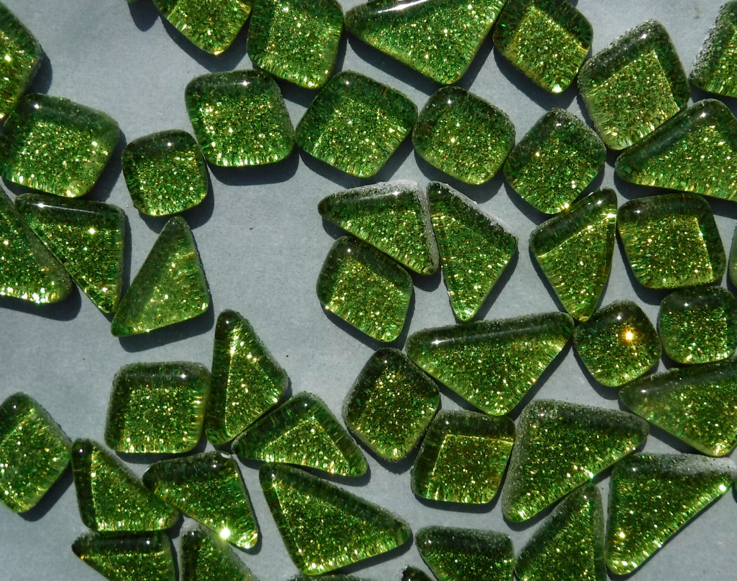 Shamrock Green Glitter Puzzle Tiles - 100 grams in Assorted Shapes Glass Mosaic Tiles