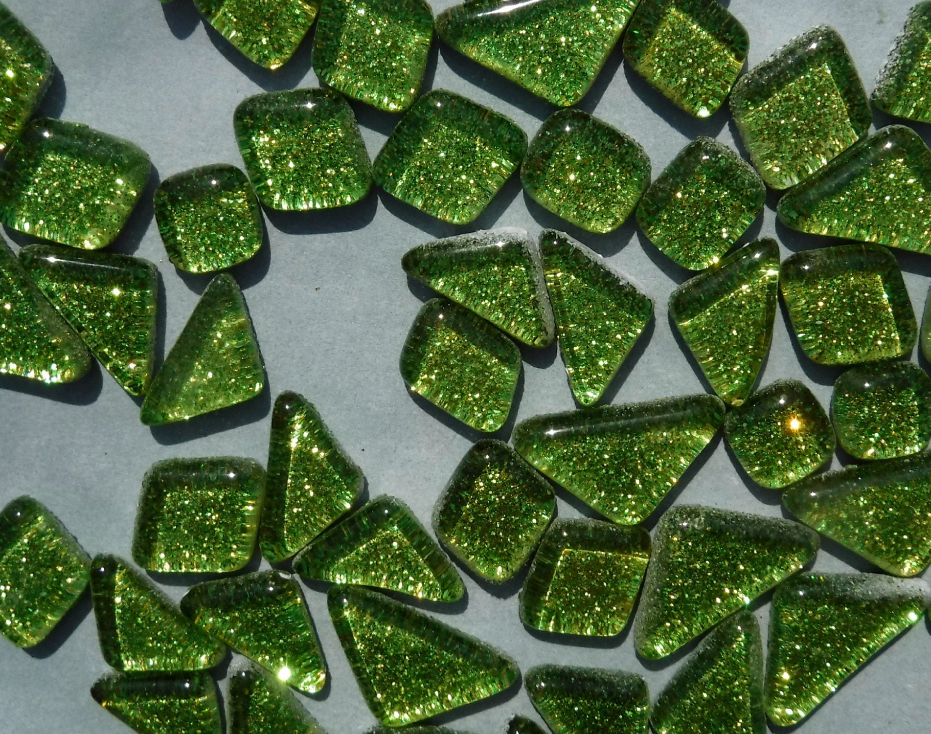 Shamrock Green Glitter Puzzle Tiles - 100 grams in Assorted Shapes Glass Mosaic Tiles