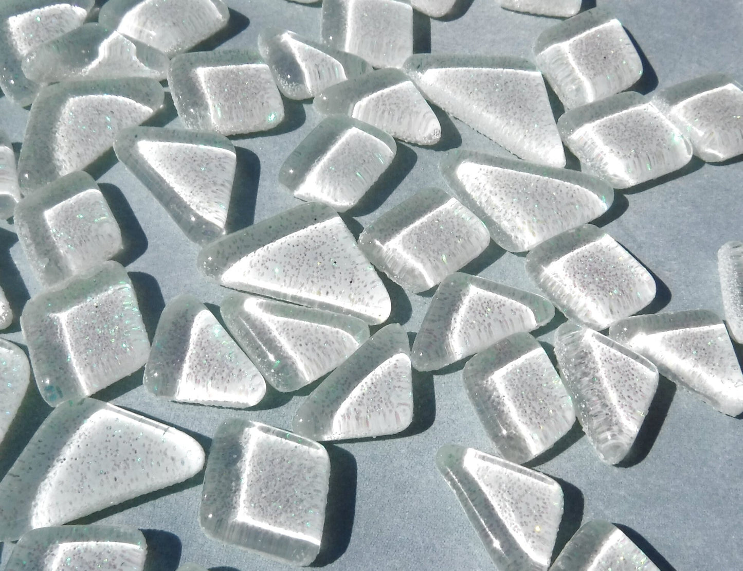 White Glitter Puzzle Tiles - 100 grams in Assorted Shapes Glass Mosaic Tiles - - Snow Icicle